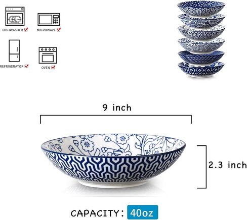 Selamica Porcelain 40oz Large Bowls 9 inch Big Pasta Salad Bowls, Microwave and Oven Safe, Vintage Blue, Set of 6 in Saudi Arabia