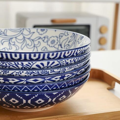 Selamica Porcelain 40oz Large Bowls 9 inch Big Pasta Salad Bowls, Microwave and Oven Safe, Vintage Blue, Set of 6 in Saudi Arabia