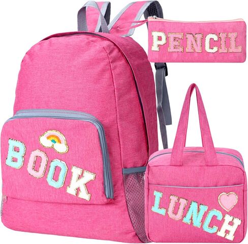 مجموعة حقيبة ظهر مدرسية مكونة من 3 قطع للفتيات المراهقات هدية العودة إلى المدرسة، حقيبة كتب بحروف من الشانيل الوردي مع حقيبة غداء وحقيبة أقلام رصاص ورقعات قوس قزح على شكل قلب in Kuwait