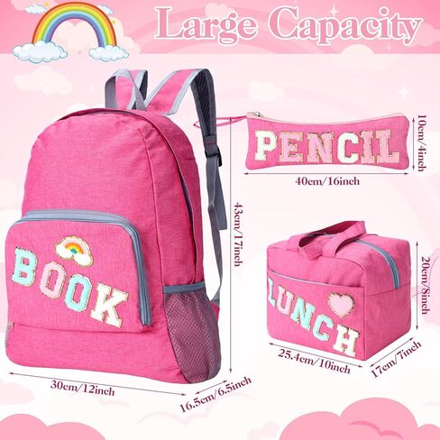 مجموعة حقيبة ظهر مدرسية مكونة من 3 قطع للفتيات المراهقات هدية العودة إلى المدرسة، حقيبة كتب بحروف من الشانيل الوردي مع حقيبة غداء وحقيبة أقلام رصاص ورقعات قوس قزح على شكل قلب in Kuwait