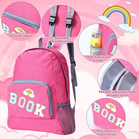 مجموعة حقيبة ظهر مدرسية مكونة من 3 قطع للفتيات المراهقات هدية العودة إلى المدرسة، حقيبة كتب بحروف من الشانيل الوردي مع حقيبة غداء وحقيبة أقلام رصاص ورقعات قوس قزح على شكل قلب in Kuwait