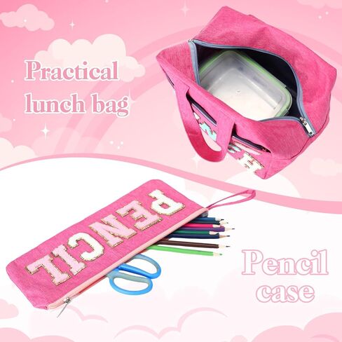 مجموعة حقيبة ظهر مدرسية مكونة من 3 قطع للفتيات المراهقات هدية العودة إلى المدرسة، حقيبة كتب بحروف من الشانيل الوردي مع حقيبة غداء وحقيبة أقلام رصاص ورقعات قوس قزح على شكل قلب in Kuwait