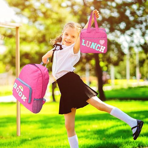 مجموعة حقيبة ظهر مدرسية مكونة من 3 قطع للفتيات المراهقات هدية العودة إلى المدرسة، حقيبة كتب بحروف من الشانيل الوردي مع حقيبة غداء وحقيبة أقلام رصاص ورقعات قوس قزح على شكل قلب in Kuwait