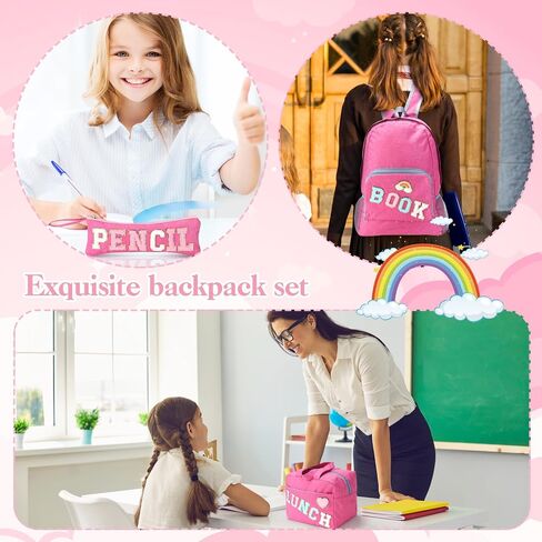 مجموعة حقيبة ظهر مدرسية مكونة من 3 قطع للفتيات المراهقات هدية العودة إلى المدرسة، حقيبة كتب بحروف من الشانيل الوردي مع حقيبة غداء وحقيبة أقلام رصاص ورقعات قوس قزح على شكل قلب in Kuwait