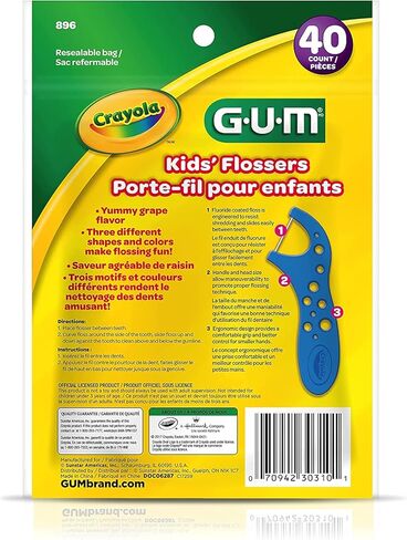 خيط تنظيف الأسنان GUM Crayola للأطفال، بالعنب، مطلي بالفلورايد، للأعمار من 3 سنوات فما فوق، 40 قطعة in Kuwait
