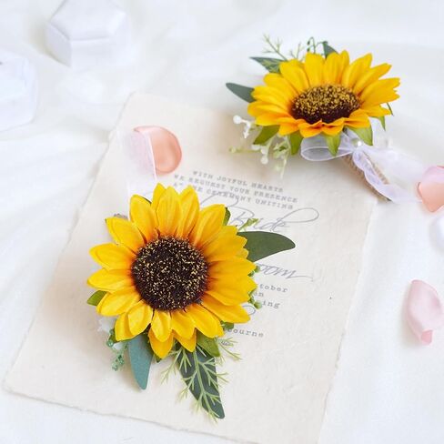 Artificial Sunflower Boutonniere,Bride Groom Bridesmaid Wedding Flower Corsage Set,Formal Party and Vintage Wedding.(1 Sunflower Boutonniere & 1 Sunflower Wrist Corsage) in Saudi Arabia