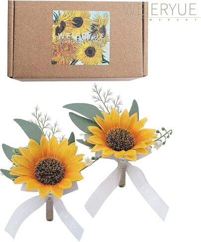 Artificial Sunflower Boutonniere,Bride Groom Bridesmaid Wedding Flower Corsage Set,Formal Party and Vintage Wedding.(1 Sunflower Boutonniere & 1 Sunflower Wrist Corsage) in Saudi Arabia