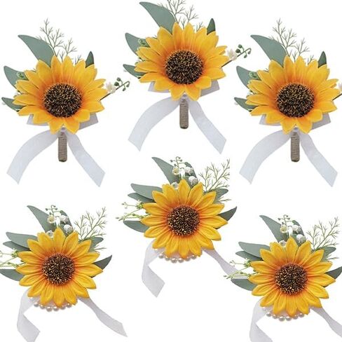 Artificial Sunflower Boutonniere,Bride Groom Bridesmaid Wedding Flower Corsage Set,Formal Party and Vintage Wedding.(1 Sunflower Boutonniere & 1 Sunflower Wrist Corsage) in Saudi Arabia