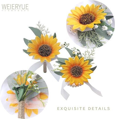 Artificial Sunflower Boutonniere,Bride Groom Bridesmaid Wedding Flower Corsage Set,Formal Party and Vintage Wedding.(1 Sunflower Boutonniere & 1 Sunflower Wrist Corsage) in Saudi Arabia