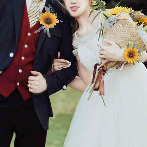 Artificial Sunflower Boutonniere,Bride Groom Bridesmaid Wedding Flower Corsage Set,Formal Party and Vintage Wedding.(1 Sunflower Boutonniere & 1 Sunflower Wrist Corsage) in Saudi Arabia