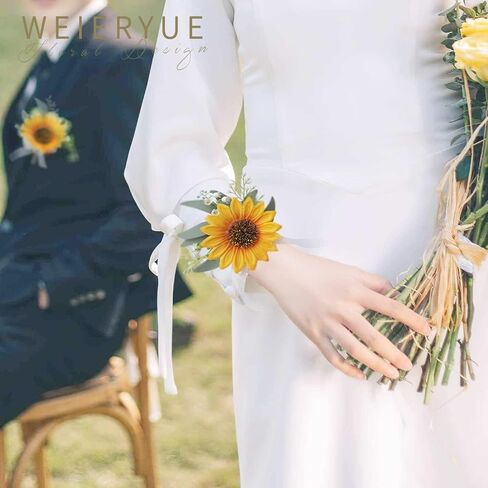 Artificial Sunflower Boutonniere,Bride Groom Bridesmaid Wedding Flower Corsage Set,Formal Party and Vintage Wedding.(1 Sunflower Boutonniere & 1 Sunflower Wrist Corsage) in Saudi Arabia