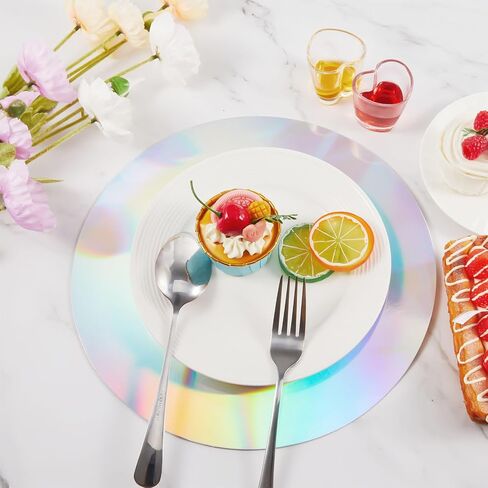 50 Pcs Iridescent Round Paper Placemat Bulk Disposable Iridescent Party Supplies Holographic Decorative Placemat for Mermaid Themed Events & Birthday or Wedding Party Decoration in Saudi Arabia