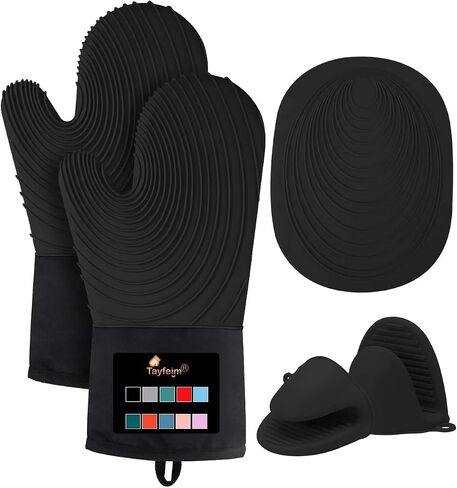 5Pcs Oven Mitts and Pot Holders, 500°F High Heat Resistant Silicone Kitchen Oven Mitts, Waterproof, Non-Slip, Easy to Clean, Cotton Lined Oven Gloves, BPA-Free, Oven Mits Set for Baking and Cooking in Saudi Arabia