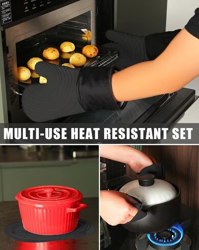 5Pcs Oven Mitts and Pot Holders, 500°F High Heat Resistant Silicone Kitchen Oven Mitts, Waterproof, Non-Slip, Easy to Clean, Cotton Lined Oven Gloves, BPA-Free, Oven Mits Set for Baking and Cooking in Saudi Arabia