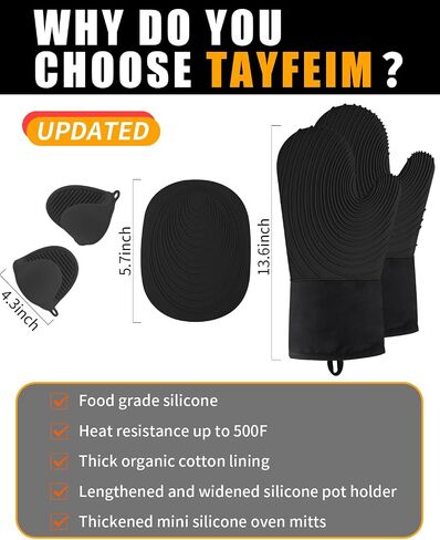 5Pcs Oven Mitts and Pot Holders, 500°F High Heat Resistant Silicone Kitchen Oven Mitts, Waterproof, Non-Slip, Easy to Clean, Cotton Lined Oven Gloves, BPA-Free, Oven Mits Set for Baking and Cooking in Saudi Arabia