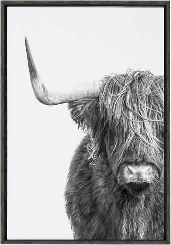 Kate and Laurel Sylvie Highland Cow Black and White Portrait Framed Canvas by Amy Peterson, 18x24 Gray, Adorable Wall Decor for Living Room, Nursery in Saudi Arabia