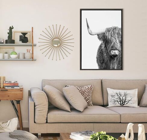 Kate and Laurel Sylvie Highland Cow Black and White Portrait Framed Canvas by Amy Peterson, 18x24 Gray, Adorable Wall Decor for Living Room, Nursery in Saudi Arabia