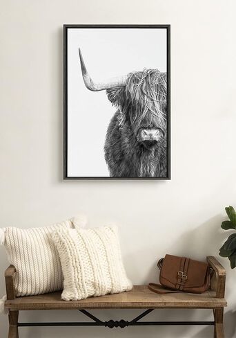 Kate and Laurel Sylvie Highland Cow Black and White Portrait Framed Canvas by Amy Peterson, 18x24 Gray, Adorable Wall Decor for Living Room, Nursery in Saudi Arabia