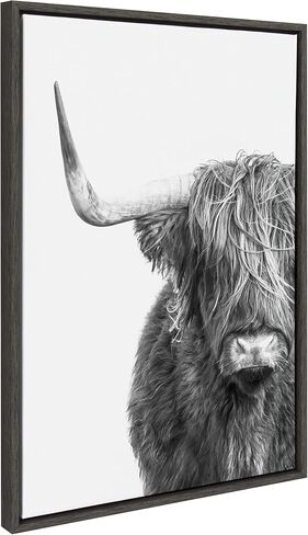 Kate and Laurel Sylvie Highland Cow Black and White Portrait Framed Canvas by Amy Peterson, 18x24 Gray, Adorable Wall Decor for Living Room, Nursery in Saudi Arabia