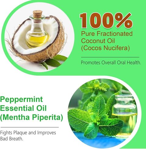 سحب الزيت بزيت جوز الهند والنعناع - تبييض الأسنان الطبيعي ورائحة الفم الكريهة المنعشة، غسول الفم بالزيوت العطرية العضوية مع مكشطة اللسان الخالية من الكحول، علاج للثة - 8 أونصة سائلة in Kuwait