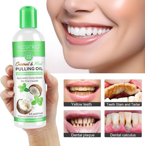 سحب الزيت بزيت جوز الهند والنعناع - تبييض الأسنان الطبيعي ورائحة الفم الكريهة المنعشة، غسول الفم بالزيوت العطرية العضوية مع مكشطة اللسان الخالية من الكحول، علاج للثة - 8 أونصة سائلة in Kuwait