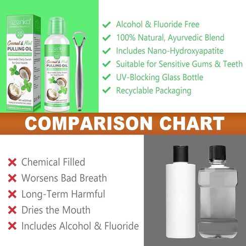 سحب الزيت بزيت جوز الهند والنعناع - تبييض الأسنان الطبيعي ورائحة الفم الكريهة المنعشة، غسول الفم بالزيوت العطرية العضوية مع مكشطة اللسان الخالية من الكحول، علاج للثة - 8 أونصة سائلة in Kuwait