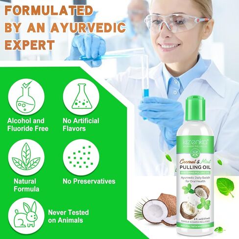 سحب الزيت بزيت جوز الهند والنعناع - تبييض الأسنان الطبيعي ورائحة الفم الكريهة المنعشة، غسول الفم بالزيوت العطرية العضوية مع مكشطة اللسان الخالية من الكحول، علاج للثة - 8 أونصة سائلة in Kuwait