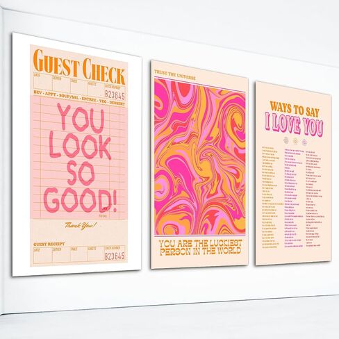 lmowbvtp Guest Check Wall Art, 3P 12x16in Orange And Pink Room Poster, Ways To Say I Love You Poster Couples Art, You Look Good Positive Quote Print for Girl Bedroom Unframed in Saudi Arabia