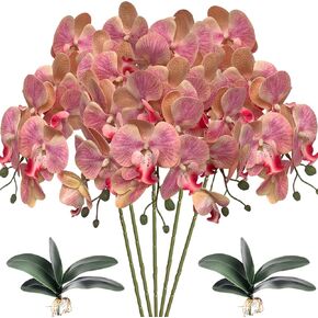 HinyoCo 5 Pcs Artificial Orchid Flowers and 4 Bundles Leaves, Artificial Phalaenopsis Flowers 32 Inch Stem Plants for Home Wedding Decoration (Blue and purple edges)