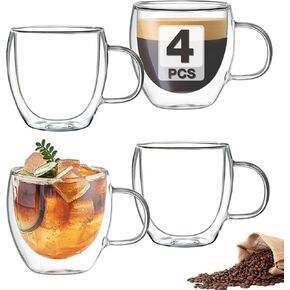 Mfacoy Double Wall Insulated Glasses Espresso Cups Set of 4 (50% Thicker), 5 oz Clear Coffee Cups with Handle, Espresso Shot Glasses, Suit for Espresso Machine, Latte, Cappuccino, Glass Coffee Mugs