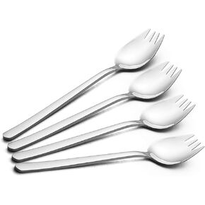 YFWOOD Sporks, 4-pack 18/10 Stainless Steel Sporks 7.4Inches Long Handle Dessert Spoons Ice Cream Spoons Salad Forks Flatware Set Reusable Fruit Appetizer Dessert Forks for Household Use or Camping
