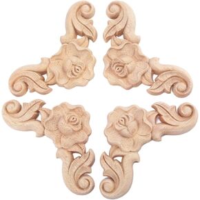 MUXSAM Wooden Carved Rose Appliques Onlays, 4-Pack Unpainted Rose Carvings Decals for Cabinet Drawer Wall Headboard Dresser Mirror Pew Cupboard etc Furniture Decoration(6x6cm/2.36"x2.36")