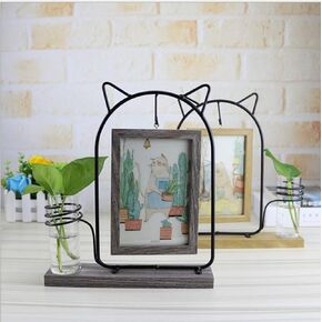 Leoyoubei Black Metal Cat rectangular Double-sided Picture Frame holds 2 pcs 4x6 inch vertical pictures With Glass Front for Desk,with Hydroponics or artificial plants Glass Vase-wedding (gray)