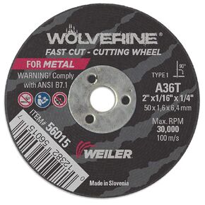 Weiler 56129 2-Inch Cutting Wheel, Wolverine AO Steel/Metal Fast Cut, Value Cutting, 1/16" A36T Type 1 3/8" Arbor (Pack of 100)