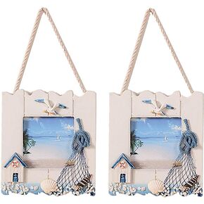 2 Pcs Wooden Beach Picture Frame Seaside Vacational Frames Nautical Photo Frame Standing and Wall Picture Frames Ocean Tropical Photo Frame for Bathroom Kitchen Decor Gift Accessory