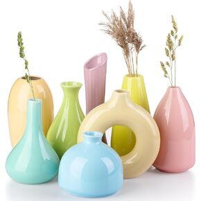 Ceramic Vase Set of 8 Modern Rustic Farmhouse Home Decor Small Flower Vases in Bulk for Table Living Room Office Bedroom Kitchen Entryway Mantel Shelf Decorations (Morandi Color)
