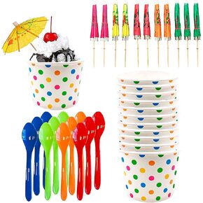 Ice Cream Sundae Kit - 12 Ounce Polka Dot Paper Treat Cups - Heavyweight Plastic Spoons - Paper Umbrellas - 12 Each Pink Orange Yellow Green Blue
