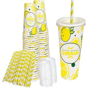 150 Pieces / 50 Sets 20 Oz Lemonade Cups with Lids and Paper Straws - Set of 50 - Lemonade Stand Supplies For Kids and Adults
