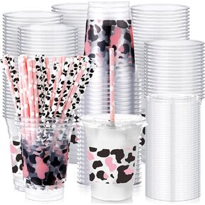 meekoo Dog Paw Plastic Cups, 12 oz, 50 Sets, Clear, Disposable, with Lids and Straws, for Parties and Celebrations