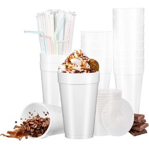 16 Oz Styrofoam Cups with Lids and Drinking Straws, Disposable White Foam Cups for Hot Cold Drink Beverage, To Go Drinking Cup for Coffee, Tea, Juice - 50Sets/150pcs