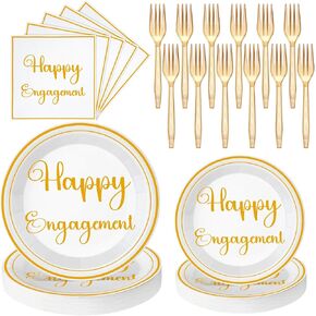 96 Pcs Happy Engagement Paper Plates and Napkin White and Gold Engagement Party Supplies Engagement Party Decoration White and Gold Engaged Napkins Engagement Plates for Bride to be Party Decor
