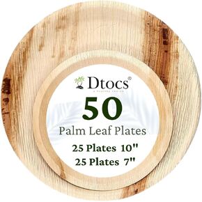 Palm Leaf Plates Set (50 Pc) Bamboo Plates Disposable like 10 Inch Dinner Plates (25), 7" Dessert (25) | Party Dinnerware set, Charcuterie Boards Sturdy Than Heavy Duty Paper Plates for Weddings
