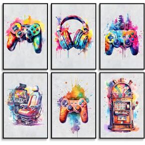 6Pcs Cool Gaming Wall Art Color Game Handle Earphone Graffiti Theme Canvas Paintings Prints Neon Light Posters Pictures Banksy Pop Art Wall Decor Wall Decor for Boys Room Kids Game Room Accessories