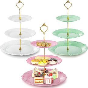 Fasmov 3 Pack 3 Tier Plastic Cupcake Stand, Dessert Plates Cake Fruit Candy Display Tower Reusable Pastry Platter for Wedding Birthday Baby Shower Tea Party Decorations - White, Pink Green