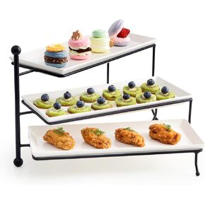 Sweese 3 Tiered Serving Stand, Foldable Rectangular Food Display Stand with White Porcelain Platters - Serving Trays, Dessert Display Server for Brithday Party, Valentine's Day and Events