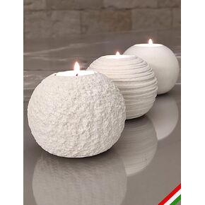 Set of 3 Mixed Stone Spheres Candle Holders Smooth Rough Grooved Handmade in Italy - Incl Gift Box, Candles & Blank Message Card - Home Decor Coffee Side Tables Centerpieces