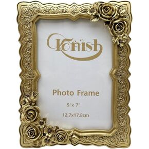 Antique Gold 5x7 Rose Picture Frame Vintage Roses Flower Leaf 5 x 7 Golden Photo Frames with Glass Front for Table Wall Mount Vertical and Horizontal