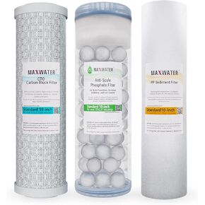 10" Standard Whole House Whole House Anti Scale Filter Set - 10" x 2.5" Polypropylene Sediment, Phosphate Anti-Scale, CTO Carbon Block Water Filter pack, Total of 3 Filters