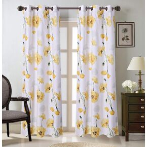 LinenTopia 2PC Grommet Curtain Panels 37"Wx784"L,Decorative Floral Design Print,Light Filtering Room Darkening Thermal Foam Back Lined Curtain Panels for living/bedroom room/patio door(Madi,84,Yellow)