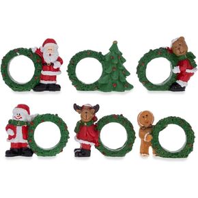 Set of 6 Santa, Snowman, Reindeer, Christmas Wreath Napkin Rings 2.5 Inches